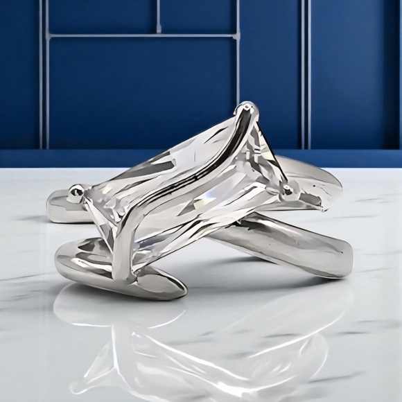 White Gold Baguette Sparkle Ring | 18K Plated Adjustable Dainty Statement - Picture 7 of 13